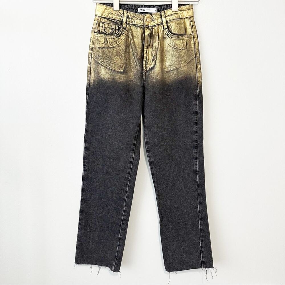 Zara black gold foiled jeans size 2 high waist straight leg denim